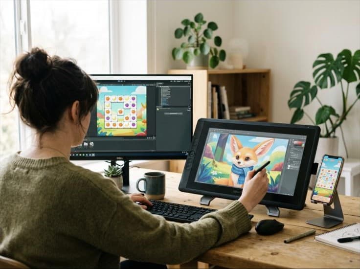 A Glitcher Studios artist working on Tile Odyssey in Unity and painting Fenno on a pen display